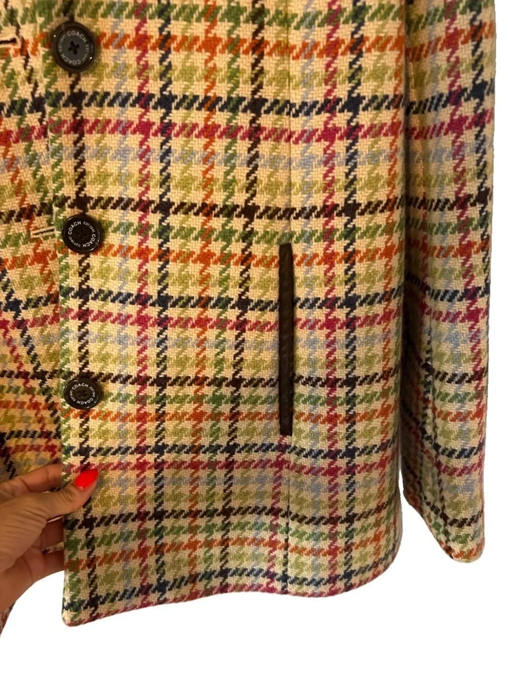 Coach Tattersall Hampton Tweed Plaid Rainbow Houndstooth Wool Pea Coat Jacket XS